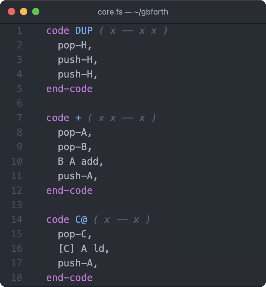 A screenshot of Forth code definitions for Dup, Plus and C-at