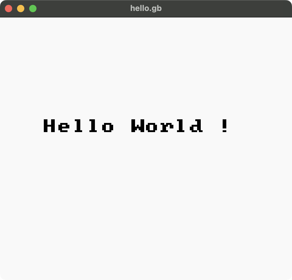 A screenshot of a Game Boy emulator displaying the text "Hello World !"
