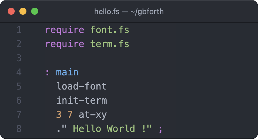 A screenshot of the full Hello World program written in Forth
