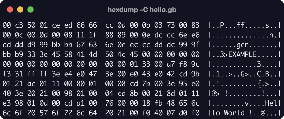 The hexdump output of the first 160 bytes of a file named hello.gb