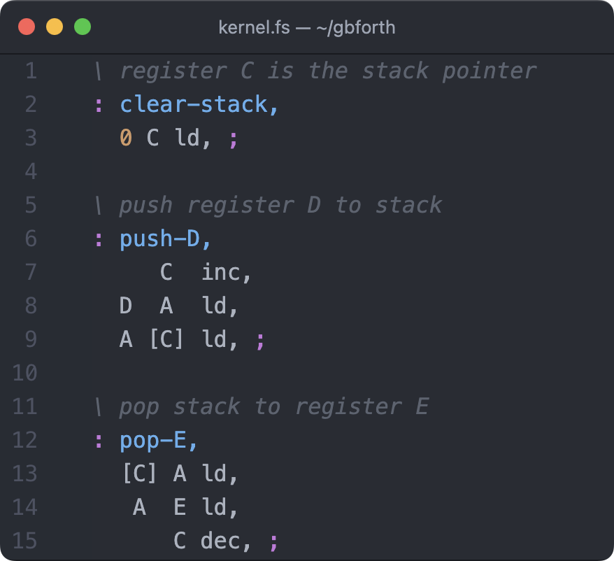 A screenshot of Forth code, defining the words Clear-Stack, Push-D and Pop-E using assembly