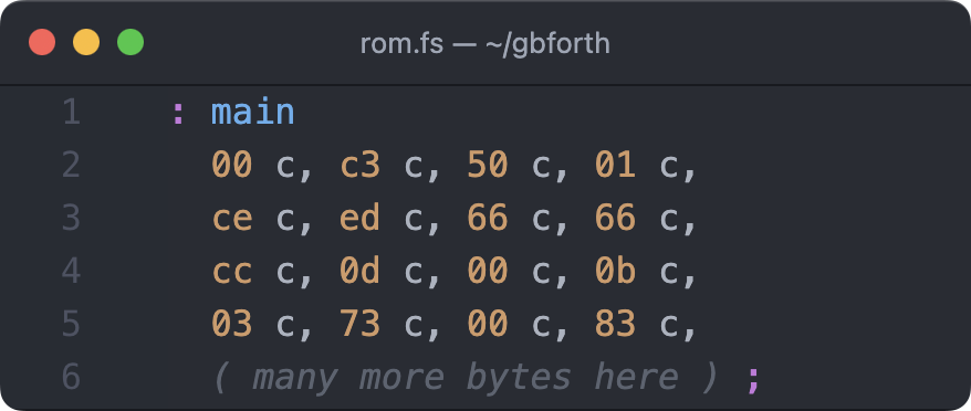 A screenshot of Forth code, defining a Main word